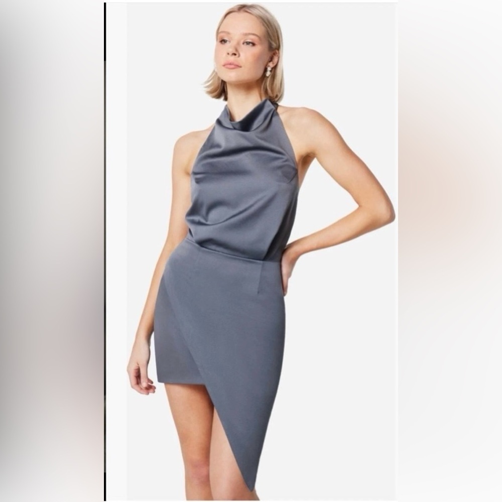 NWOT Elliat Satin Asymmetrical Halter Mini Dress - Slate Gray size S